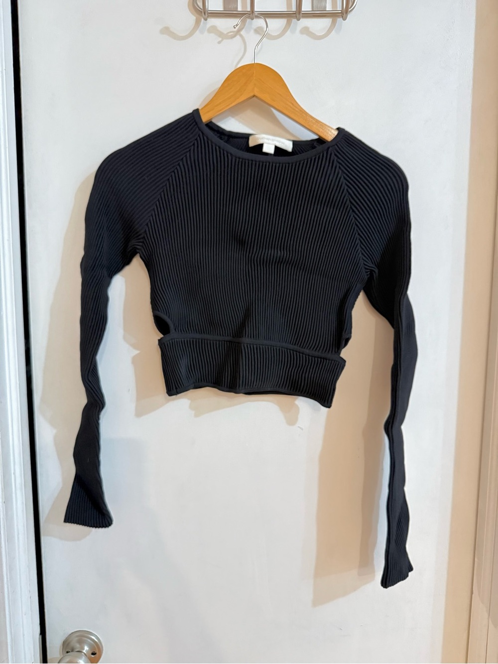 Jonathan Simkhai Black Ribbed Long-Sleeve Crop Top with Cutouts